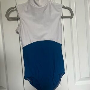 Chic Lucky Leo. Mock neck blue and white color block leotard . Size M